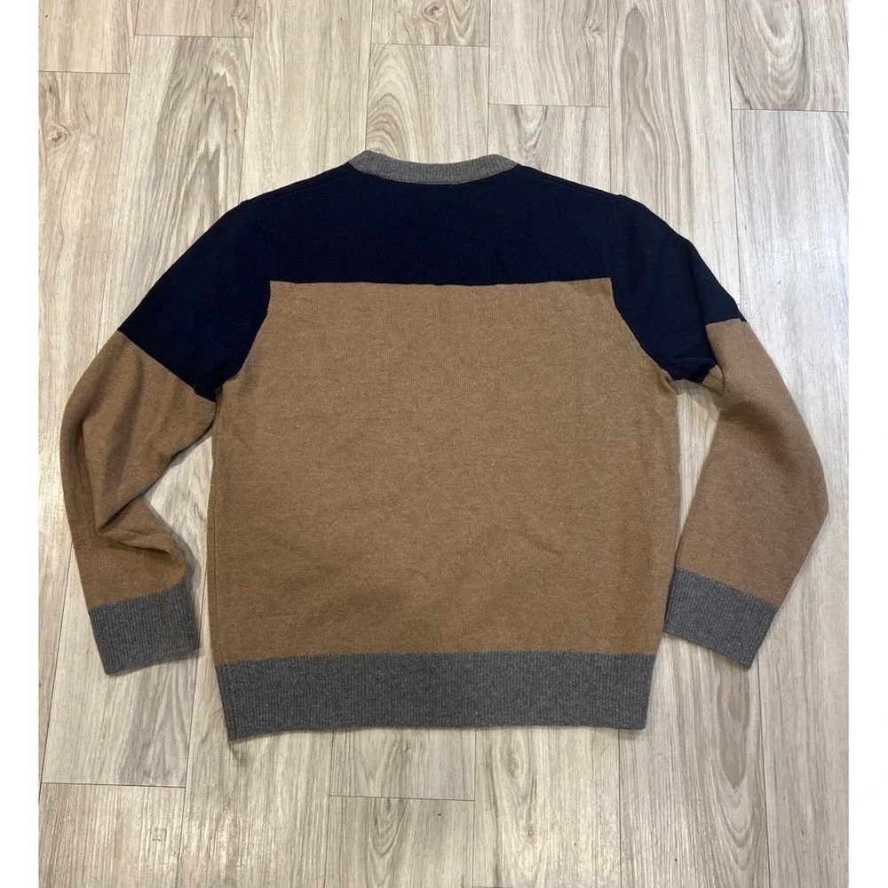 J Crew Sweater Mens 100% Wool Crewneck Tan/Blue/Silver Color-block EUC Large